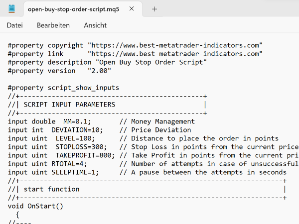 Open Buy Stop Order Forex Script for MT5